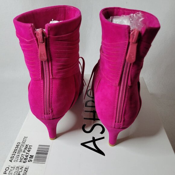Hot Pink Fringe Peep Toe Booties Size 9 Faux Suede - Picture 5 of 7